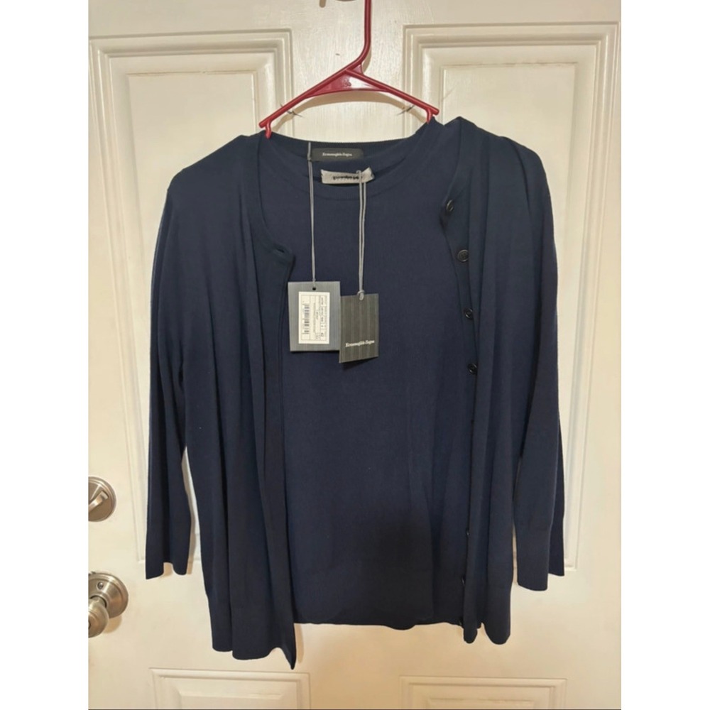 Ermenegildo Zegna Navy Wool Cashmere Twin Set Cardigan & Knit Top IT 42 US 8